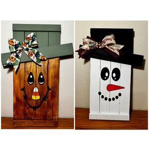 Reversible Snowman & Scarecrow Sign Handmade Hand painted Fall Christmas Decor